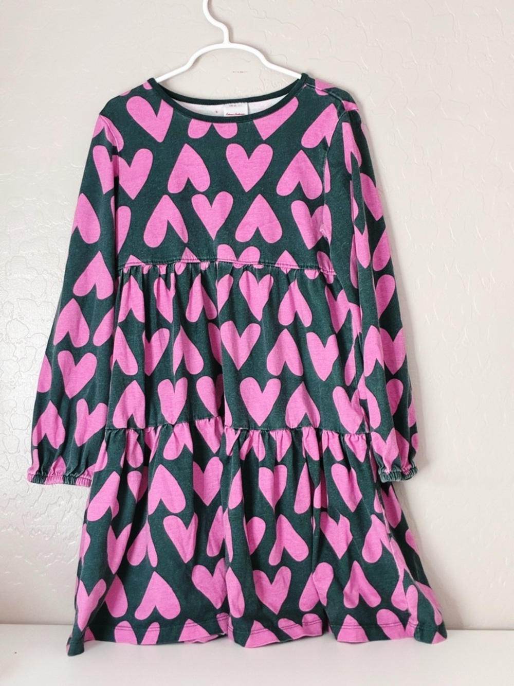 Hannah Andersson Long Sleeve Heart Print Dress - Pink & Dark Green